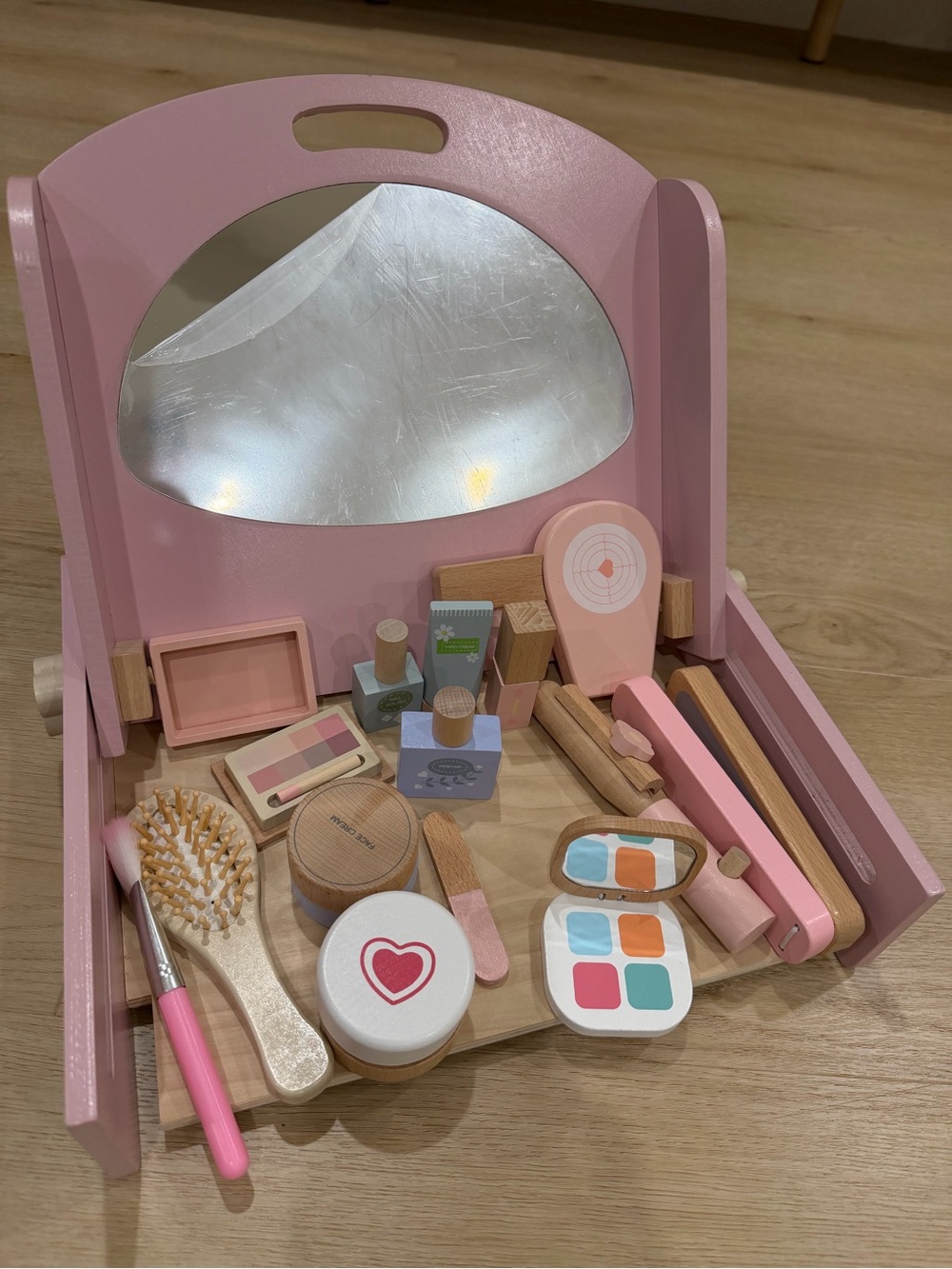 Wooden Pink Kids Makeup & Hair Playset with Mirror